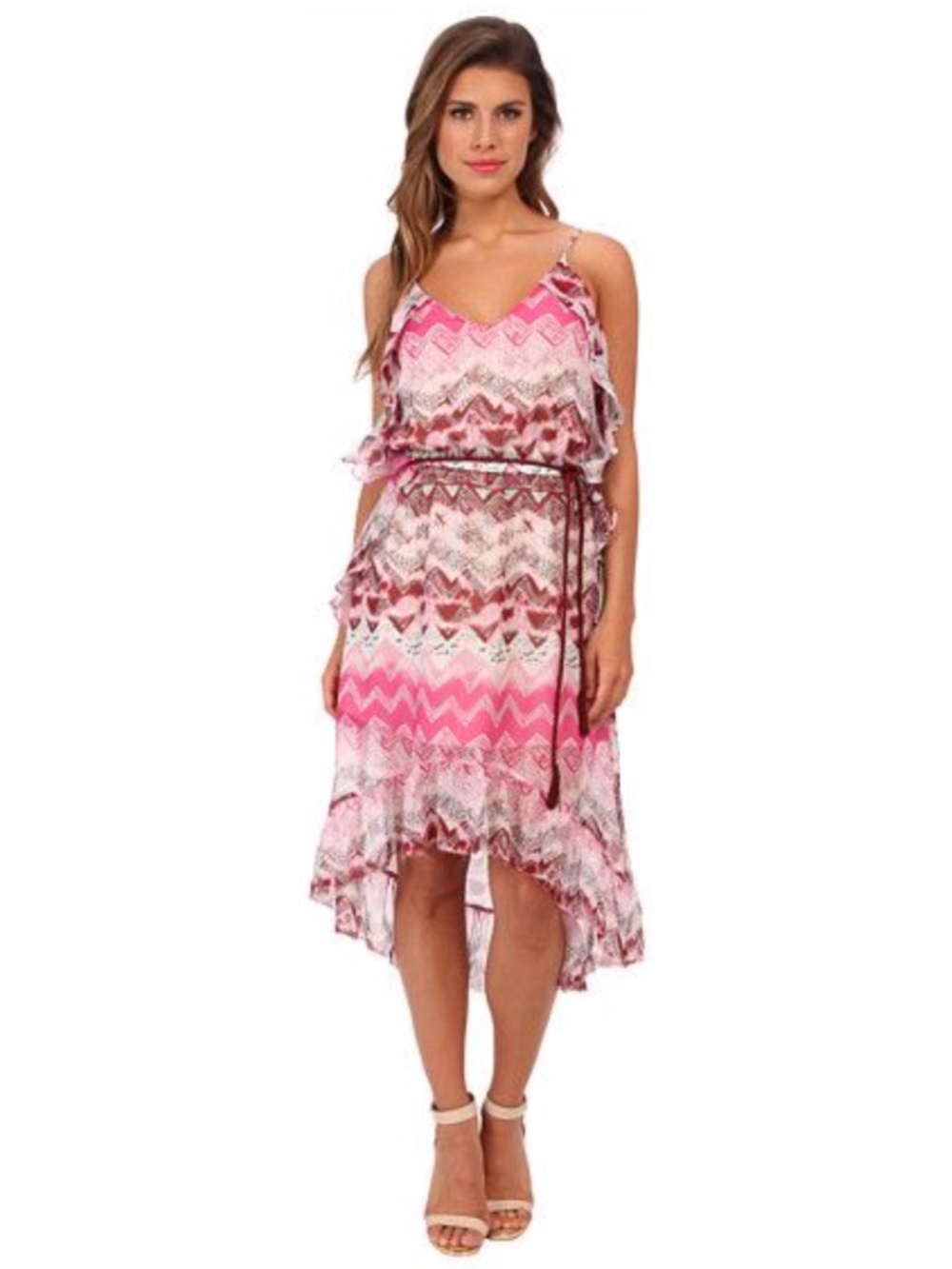 (10) NEW LAmade 100% Silk Hi Low Ruffle Dress Tribal Print XS